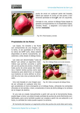Universidad Nacional de San Luis
Tratamiento Digital De La Imagen II	 51
punto de ancla en cualquier parte del trazado,
habrá que apoyar el cursor en ese punto y sos-
teniendo apretada la tecla C dar clic izquierdo.
Cerrada la ruta, activar el diálogo Rutas desde la
pestaña correspondiente en el empotrable Capas,
Canales, Rutas... y asignarle a la nueva ruta el
nombre manzana.
Propiedades de las Rutas
Las Capas, los Canales y las Rutas
son componentes de una imagen; por
lo tanto, al ser guardada en el forma-
to nativo de GIMP (xcf), éstas estarán
disponibles al abrirla nuevamente, ac-
cediendo a ellas desde el diálogo Rutas.
Las rutas son denominadas “rutas de
Bézier” por utilizar un algoritmo mate-
mático que permite curvarlas a partir
del uso de puntos de anclas y tiradores.
Cada punto de ancla posee dos tirado-
res y habrán tantos puntos como sean
necesarios para determinar un trazado.
Los tiradores en tanto definen la direc-
ción de una ruta y las curvaturas del tra-
zado.
Una ruta trazada en una imagen pue-
de ser utilizada en cualquier otra ima-
gen accediendo al menú emergente en el diálogo Rutas, utilizando los comandos
ofrecidos en tal sentido, o bien, arrastrando el icono de dicho diálogo a la ventana
de la imagen de destino.
Si una ruta es creada manualmente a partir del uso de la herramienta Rutas,
puede llegar a tener una determinada cantidad de puntos de ancla fácilmente con-
tabilizados, pero como también pueden ser creadas a partir de una selección o un
texto, la cantidad de nodos puede superar la centena.
Al momento de trazarse un segmento entre dos puntos de ancla éste será recto,
Fig. 05.4. Diálogo Rutas con la ruta manzana.
Fig. 06.4. Menú emergente del diálogo Rutas.
Fig. 04.4. Ruta trazada y cerrada.
 