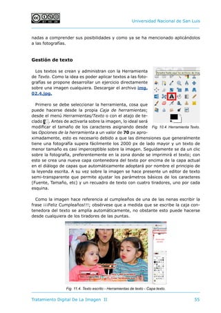 Universidad Nacional de San Luis
Tratamiento Digital De La Imagen II	 55
nadas a comprender sus posibilidades y como ya se ha mencionado aplicándolos
a las fotografías.
Gestión de texto
Los textos se crean y administran con la Herramienta
de Texto. Como la idea es poder aplicar textos a las foto-
grafías se propone desarrollar un ejercicio directamente
sobre una imagen cualquiera. Descargar el archivo img.
02.4.jpg.
Primero se debe seleccionar la herramienta, cosa que
puede hacerse desde la propia Caja de herramientas;
desde el menú Herramientas/Texto o con el atajo de te-
clado t. Antes de activarla sobre la imagen, lo ideal será
modificar el tamaño de los caracteres asignando desde
las Opciones de la herramienta a un valor de 70 px apro-
ximadamente, esto es necesario debido a que las dimensiones que generalmente
tiene una fotografía supera fácilmente los 2000 px de lado mayor y un texto de
menor tamaño es casi imperceptible sobre la imagen. Seguidamente se da un clic
sobre la fotografía, preferentemente en la zona donde se imprimirá el texto; con
esto se crea una nueva capa contenedora del texto por encima de la capa actual
en el diálogo de capas que automáticamente adoptará por nombre el principio de
la leyenda escrita. A su vez sobre la imagen se hace presente un editor de texto
semi-transparente que permite ajustar los parámetros básicos de los caracteres
(Fuente, Tamaño, etc) y un recuadro de texto con cuatro tiradores, uno por cada
esquina.
Como la imagen hace referencia al cumpleaños de una de las nenas escribir la
frase ¡¡¡Feliz Cumpleaños!!!; obsérvese que a medida que se escribe la caja con-
tenedora del texto se amplía automáticamente, no obstante esto puede hacerse
desde cualquiera de los tiradores de las puntas.
Fig. 10.4. Herramienta Texto.
Fig. 11.4. Texto escrito - Herramientas de texto - Capa texto.
 