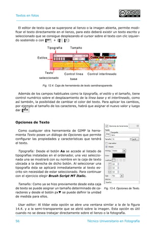Textos en fotos			 	
56 	 Técnico Universitario en Fotografía 
El editor de texto que se superpone al lienzo o la imagen abierta, permite modi-
ficar el texto directamente en el lienzo, para esto deberá existir un texto escrito y
seleccionado que se consigue desplazando el cursor sobre el texto con clic izquier-
do sostenido o con S + (Q R)
Además de los campos habituales como la tipografía, el estilo y el tamaño, tiene
control numérico sobre el desplazamiento de la línea base y el interlineado, como
así también, la posibilidad de cambiar el color del texto. Para aplicar los cambios,
por ejemplo al tamaño de los caracteres, habrá que asignar el nuevo valor y luego
dar E
Opciones de Texto
Como cualquier otra herramienta de GIMP la herra-
mienta Texto posee un diálogo de Opciones que permite
configurar las propiedades y características que tendrá
el texto.
Tipografía: Desde el botón Aa se accede al listado de
tipografías instaladas en el ordenador, una vez seleccio-
nada una se mostrará con su nombre en la caja de texto
ubicada a la derecha de dicho botón. Al seleccionar una
tipografía ésta se aplicará inmediatamente al texto es-
crito sin necesidad de estar seleccionado. Para continuar
con el ejercicio elegir Brush Script MT Italic.
Tamaño: Como ya se hizo previamente desde esta caja
de texto se puede asignar un tamaño determinado de ca-
racteres y desde el botón pxq se puede definir la unidad
de medida para ellos.
Usar editor: Al tildar esta opción se abre una ventana similar a la de la figura
14.4. y a la semi-transparente que se abrió sobre la imagen. Esta opción es útil
cuando no se desea trabajar directamente sobre el lienzo o la fotografía.
Fig. 12.4. Caja de herramienta de texto semitransparente.
Fig. 13.4. Opciones de Texto.
 