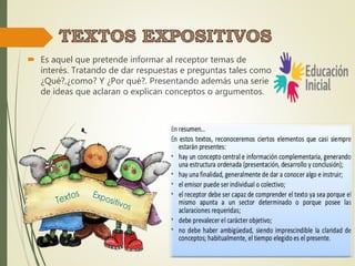  Es aquel que pretende informar al receptor temas de
interés. Tratando de dar respuestas e preguntas tales como
¿Qué?,¿como? Y ¿Por qué?. Presentando además una serie
de ideas que aclaran o explican conceptos o argumentos.
 