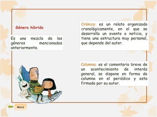 Género hibrido 
Es una mezcla de los 
géneros mencionados 
anteriormente. 
Crónica: es un relato organizado 
cronológicamente, en el que se 
desarrolla un evento o noticia, y 
tiene una estructura muy personal, 
que depende del autor. 
Columna: es el comentario breve de 
un acontecimiento de interés 
general, se dispone en forma de 
columna en el periódico y esta 
firmada por su autor. 
Menú 
 