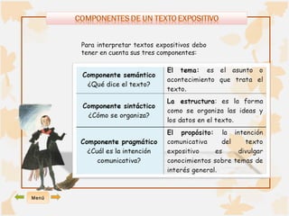 Para interpretar textos expositivos debo 
tener en cuenta sus tres componentes: 
Menú 
 