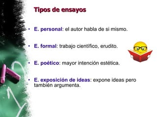 Tipos de ensayos E. personal : el autor habla de si mismo. E. formal : trabajo científico, erudito. E. poético : mayor intención estética. E. exposición de ideas : expone ideas pero también argumenta. 