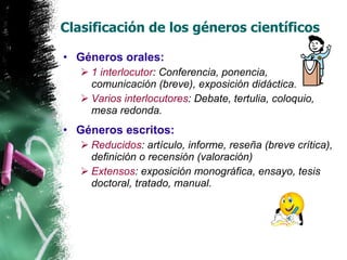 Clasificación de los géneros científicos Géneros orales: 1 interlocutor : Conferencia, ponencia, comunicación (breve), exposición didáctica. Varios interlocutores : Debate, tertulia, coloquio, mesa redonda. Géneros escritos: Reducidos : artículo, informe, reseña (breve crítica), definición o recensión (valoración) Extensos : exposición monográfica, ensayo, tesis doctoral, tratado, manual. 