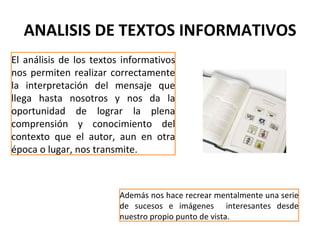 ANALISIS DE TEXTOS INFORMATIVOS El análisis de los textos informativos nos permiten realizar correctamente la interpretación del mensaje que llega hasta nosotros y nos da la oportunidad de lograr la plena comprensión y conocimiento del contexto que el autor, aun en otra época o lugar, nos transmite. Además nos hace recrear mentalmente una serie de sucesos e imágenes  interesantes desde nuestro propio punto de vista. 