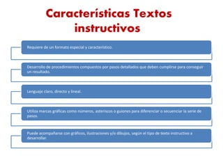 Características Textos
instructivos
Requiere de un formato especial y característico.
Desarrollo de procedimientos compuestos por pasos detallados que deben cumplirse para conseguir
un resultado.
Lenguaje claro, directo y lineal.
Utiliza marcas gráficas como números, asteriscos o guiones para diferenciar o secuenciar la serie de
pasos.
Puede acompañarse con gráficos, ilustraciones y/o dibujos, según el tipo de texto instructivo a
desarrollar.
 