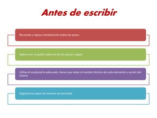 Antes de escribir
Recuerda y repasa mentalmente todos los pasos.
Separa con un guión cada uno de los pasos a seguir.
Utiliza el vocabulario adecuado, tienes que saber el nombre técnico de cada elemento o acción del
mismo.
Organiza los pasos de manera secuenciada.
 