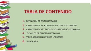 DEFINICION DE TEXTO LITERARIO.
CARACTERISTICAS Y TIPOS DE LOS TEXTOS LITERARIOS
CARACTERISTICAS Y TIPOS DE LOS TEXTOS NO LITERARIOS
EJEMPLOS DE GENEROS LITERARIOS
VIDEO SOBRE LOS GENEROS LITERARIOS
WEBGRAFIA