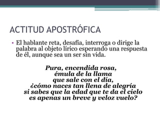 ACTITUD APOSTRÓFICA
• El hablante reta, desafía, interroga o dirige la
palabra al objeto lírico esperando una respuesta
de él, aunque sea un ser sin vida.
Pura, encendida rosa,
émula de la llama
que sale con el día,
¿cómo naces tan llena de alegría
si sabes que la edad que te da el cielo
es apenas un breve y veloz vuelo?
 