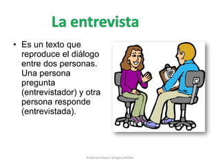 Es un texto que reproduce el diálogo entre dos personas. Una persona pregunta (entrevistador) y otra persona responde (entrevistada). Profesora Karen Vergara Núñez 