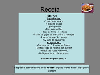 Receta
Propósito comunicativo de la receta: explica como hacer algo paso
a paso
Tuti Fruti
Ingredientes
-1 manzana picada
-1 plátano picado
-1 pera picada
-1 taza de frutillas
-1 taza de kiwis en rodajas
-1 taza de gajos de mandarina o naranjas
-2 tazas de jugo de naranja
-1/2 taza de azúcar flor
Preparación
-Poner en un Bol todas las frutas.
-Mezclar jugo de naranja con azúcar.
-Añadir las frutas y revolver.
-Refrigerar de un día para otro.
Número de personas: 8.
 