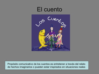El cuento
Propósito comunicativo de los cuentos es entretener a través del relato
de hechos imaginarios o pueden estar inspirados en situaciones reales
 