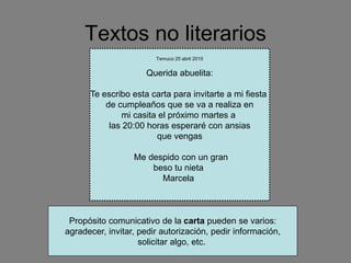 Textos no literarios
Temuco 25 abril 2010
Querida abuelita:
Te escribo esta carta para invitarte a mi fiesta
de cumpleaños que se va a realiza en
mi casita el próximo martes a
las 20:00 horas esperaré con ansias
que vengas
Me despido con un gran
beso tu nieta
Marcela
Propósito comunicativo de la carta pueden se varios:
agradecer, invitar, pedir autorización, pedir información,
solicitar algo, etc.
 