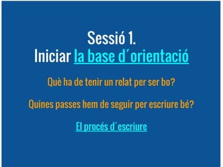Sessió 1.
Iniciar la base d´orientació
Què ha de tenir un relat per ser bo?
Quines passes hem de seguir per escriure bé?
El procés d´escriure

 