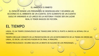 EL AMBIENTE O ÁMBITO
EL ESPACIO DONDE LOS PERSONAJES SE DESENVUELVEN Y OCURREN LAS
ACCIONES ES EL AMBIENTE DE UN CUENTO. ESTE ELEMENTO DE UN CUENTO
SUELE IR VARIANDO A LO LARGO DE LA HISTORIA Y PUEDE SER UN LUGAR
REAL O TENER RASGOS DE FICCIÓN.
EL TIEMPO
LINEAL: ES UN TIEMPO CRONOLÓGICO QUE TRANSCURRE ENTRE EL PUNTO A (INICIO) AL B(FINAL) EN LA
HISTORIA.
TIEMPO CIRCULAR CONSISTE EN LA PRESENTACIÓN DE LOS ACONTECIMIENTOS DE LA TRAMA EN ORDEN NO
LINEAL, ES DECIR, LOS HECHOS PUEDEN IR DE FINAL A PRINCIPIO.
TIEMPO PSICOLÓGICO: OCURRE SOLO EN LA MENTE DE ALGUNO DE LOS PERSONAJES.
 