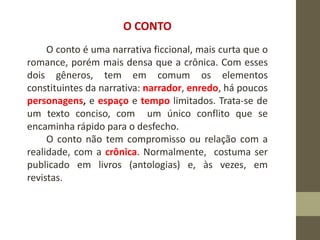 O CONTO
O conto é uma narrativa ficcional, mais curta que o
romance, porém mais densa que a crônica. Com esses
dois gêneros, tem em comum os elementos
constituintes da narrativa: narrador, enredo, há poucos
personagens, e espaço e tempo limitados. Trata-se de
um texto conciso, com um único conflito que se
encaminha rápido para o desfecho.
O conto não tem compromisso ou relação com a
realidade, com a crônica. Normalmente, costuma ser
publicado em livros (antologias) e, às vezes, em
revistas.
 