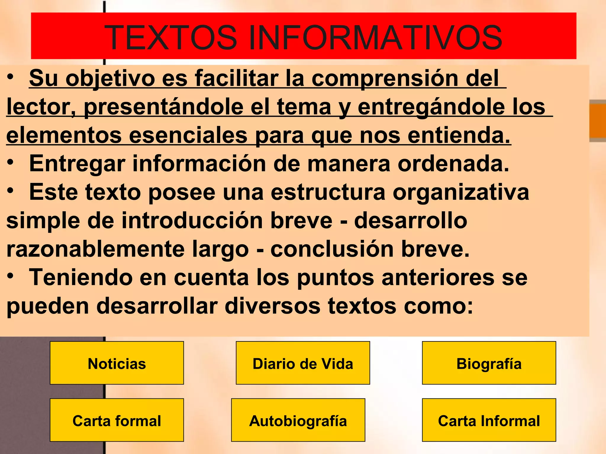 TEXTOS INFORMATIVOS
• Su objetivo es facilitar la comprensión del
lector, presentándole el tema y entregándole los
elementos esenciales para que nos entienda.
• Entregar información de manera ordenada.
• Este texto posee una estructura organizativa
simple de introducción breve - desarrollo
razonablemente largo - conclusión breve.
• Teniendo en cuenta los puntos anteriores se
pueden desarrollar diversos textos como:

       Noticias      Diario de Vida     Biografía


     Carta formal    Autobiografía    Carta Informal
 