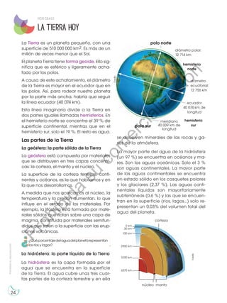 Prohibida
su
reproducción
24
La Tierra es un planeta pequeño, con una
superficie de 510 000 000 km2. Es más de un
millón de veces menor que el Sol.
El planeta Tierra tiene forma geoide. Ello sig-
nifica que es esférico y ligeramente acha-
tado por los polos.
A causa de este achatamiento, el diámetro
de la Tierra es mayor en el ecuador que en
los polos. Así, para rodear nuestro planeta
por la parte más ancha, habría que seguir
la línea ecuador (40 074 km).
Esta línea imaginaria divide a la Tierra en
dos partes iguales llamadas hemisferios. En
el hemisferio norte se concentra el 39 % de
superficie continental, mientras que en el
hemisferio sur, solo el 19 %. El resto es agua.
Las partes de la Tierra
La geósfera: la parte sólida de la Tierra
La geósfera está compuesta por materiales
que se distribuyen en tres capas concéntri-
cas: la corteza, el manto y el núcleo.
La superficie de la corteza terrestre, conti-
nentes y océanos, es la que habitamos y en
la que nos desarrollamos.
A medida que nos acercamos al núcleo, la
temperatura y la presión aumentan, lo que
influye en el estado de los materiales. Por
ejemplo, la litósfera está formada por mate-
riales sólidos que flotan sobre una capa de
magma, constituida por materiales semifun-
didos que salen a la superficie con las erup-
ciones volcánicas.
La Tierra hoy
polo norte
hemisferio
norte
hemisferio
sur
polo sur
diámetro
ecuatorial:
12 756 km
ecuador
40 074 km de
longitud
meridiano
40 009 km de
longitud
diámetro polar:
12 714 km
La hidrósfera: la parte líquida de la Tierra
La hidrósfera es la capa formada por el
agua que se encuentra en la superficie
de la Tierra. El agua cubre unas tres cuar-
tas partes de la corteza terrestre y en ella
corteza
manto
núcleo
0 km
30 km
100 km
2900 km
5100 km
6370 km
©edb
©edb
DCD CS.4.2.1
¿Quéporcentajedelaguadelplanetarepresentan
los ríos y lagos?
se disuelven minerales de las rocas y ga-
ses de la atmósfera.
La mayor parte del agua de la hidrósfera
(un 97 %) se encuentra en océanos y ma-
res. Son las aguas oceánicas. Solo el 3 %
son aguas continentales. La mayor parte
de las aguas continentales se encuentra
en estado sólido en los casquetes polares
y los glaciares (2,37 %). Las aguas conti-
nentales líquidas son mayoritariamente
subterráneas (0,6 %) y las que se encuen-
tran en la superficie (ríos, lagos...) solo re-
presentan un 0,03% del volumen total del
agua del planeta.
P
r
o
h
i
b
i
d
a
s
u
c
o
m
e
r
c
i
a
l
i
z
a
c
i
ó
n
 