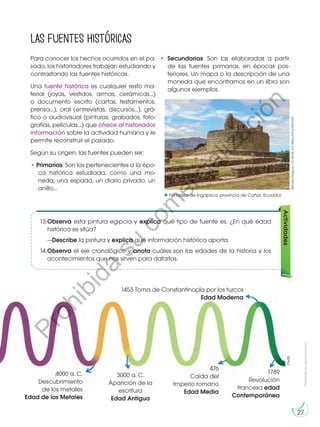 Prohibida
su
reproducción
27
Para conocer los hechos ocurridos en el pa-
sado, los historiadores trabajan estudiando y
contrastando las fuentes históricas.
Una fuente histórica es cualquier resto ma-
terial (joyas, vestidos, armas, cerámicas...)
o documento escrito (cartas, testamentos,
prensa...), oral (entrevistas, discursos...), grá-
fico o audiovisual (pinturas, grabados, foto-
grafías, películas...) que ofrece al historiador
información sobre la actividad humana y le
permite reconstruir el pasado.
Según su origen, las fuentes pueden ser:
• Primarias: Son las pertenecientes a la épo-
ca histórica estudiada, como una mo-
neda, una espada, un diario privado, un
anillo...
Las fuentes históricas
4000 a. C.
Descubrimiento
de los metales
Edad de los Metales
3000 a. C.
Aparición de la
escritura
Edad Antigua
1789
Revolución
francesa edad
Contemporánea
476
Caída del
Imperio romano
Edad Media
1453 Toma de Constantinopla por los turcos
Edad Moderna
Actividades
13.	Observa esta pintura egipcia y explica qué tipo de fuente es. ¿En qué edad
histórica se sitúa?
—Describe la pintura y explica qué información histórica aporta.
14.	Observa el eje cronológico y anota cuáles son las edades de la historia y los
acontecimientos que nos sirven para datarlas.
• Secundarias: Son las elaboradas a partir
de las fuentes primarias, en épocas pos-
teriores. Un mapa o la descripción de una
moneda que encontramos en un libro son
algunos ejemplos.
Fortaleza de Ingapirca, provincia de Cañar, Ecuador.
©edb
Bernard
Gagnon,
CC
BY-SA
3.0,
https://bit.ly/2s51zVH.
P
r
o
h
i
b
i
d
a
s
u
c
o
m
e
r
c
i
a
l
i
z
a
c
i
ó
n
 