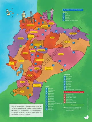 37
Mestizos
La población mestiza se
encuentra distribuida en
todo el país.
35
Pueblos y nacionalidades
Regiones afroecuatorianas
Awá
Chachi
Épera
Tsáchila
Manta - Huancavilca
1
2
3
4
5
Karanki
Natabuela
Otavalo
Kayambi
Kitu-Kara
Panzaleo
Chibuelo
Salasaka
Kisapincha
Kichwa de Tungurahua
Waranka
Puruhá
Kañari
Saraguro
6
11
16
7
12
17
8
13
18
9
14
19
10
15
A’i Cofán
Secoya
Siona
Huaorani
Shiwiar
Zápara
Achuar
Shuar
Kichwa de la Amazonía
20
22
24
26
21
23
25
27
28
Costa norte
Costa centro-sur
Valle del Chota
Pichincha
Sierra centro-sur
Amazonía Norte
30
32
29
31
33
34
Amazonía:
Sierra:
Costa:
Según el artículo 1 de la Constitución de
2008, «Ecuador es un Estado constitucional
de derechos y justicia, social, democrático,
soberano, independiente, unitario, intercul-
tural, plurinacional y laico».
Esmeraldas
Pichincha
Manabí
Tungurahua
Chimborazo
Bolívar
Pastaza
Napo
Orellana
Sucumbíos
Morona
Santiago
Zamora
Chinchipe
Sto.
Domingo
Sta.
Elena
Los Ríos
El Oro
Azuay
Cañar
Loja
Cotopaxi
Guayas
Imbabura
Carchi
1
3
4
2
7
6
8
9
10
11
14
19
12
13
23
22
21
20
25
27
18
17
15
16
26
24
31
34
32
30
33
35
35
29
5
37
Prohibida
su
reproducción
©edb
P
r
o
h
i
b
i
d
a
s
u
c
o
m
e
r
c
i
a
l
i
z
a
c
i
ó
n
 