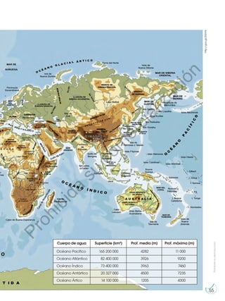 Prohibida
su
reproducción
55
Cuerpo de agua Superficie (km²) Prof. media (m) Prof. máxima (m)
Océano Pacífico
Océano Atlántico
Océano Índico
Océano Antártico
Océano Ártico
165 200 000
82 400 000
73 400 000
20 327 000
14 100 000
4282
3926
3963
4500
1205
11 000
9200
7460
7235
4300
http://goo.gl/203YtX
P
r
o
h
i
b
i
d
a
s
u
c
o
m
e
r
c
i
a
l
i
z
a
c
i
ó
n
 