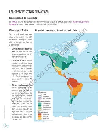 Prohibida
su
reproducción
62
La diversidad de los climas
La latitud es uno de los factores determinantes. Según la latitud, podemos dividir la superficie
terrestre en una zona cálida, dos templadas y dos frías.
Climas templados
Se dan en las latitudes me-
dias, entre los 30° y los 60°.
Podemos distinguir entre
climas templados frescos
y calurosos.
•	 Climas templados fres-
cos: Se dan en las lati-
tudes superiores de la
franja templada.
•	 Clima oceánico: Invier-
nos no muy fríos y vera-
nos suaves. Las precipi-
taciones abundantes
se distribuyen de modo
regular a lo largo del
año. Se da en las zonas
costeras del océano At-
lántico.
•	 Clima continental: Ve-
ranos calurosos e in-
viernos fríos. Se da en
las zonas interiores de
los continentes, aleja-
das de la influencia
del mar. Las zonas más
interiores, como es el
caso de Siberia, pue-
den ser muy frías. En las
regiones secas, las pre-
cipitaciones son muy
escasas, de poco más
de 300 mm.
Las grandes zonas climáticas
Ecuatorial
Tropical
Desértico
Continental
Oceánico
Mediterráneo
Subtropical
Climas cálidos
Polar
Subpolar
Alta montaña
Climas templados
Climas fríos
Planisferio de zonas climáticas de la Tierra
P
r
o
h
i
b
i
d
a
s
u
c
o
m
e
r
c
i
a
l
i
z
a
c
i
ó
n
 