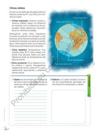 Prohibida
su
reproducción
64
Climas cálidos
Se dan en las latitudes situadas entre los
trópicos (entre los 0° y los 30°) y en la lí-
nea ecuador.
•	 Climas tropicales: Inviernos suaves y
veranos cálidos. Según la influencia
de factores como la distancia al mar,
pueden darse diferencias importan-
tes en el nivel de humedad.
Distinguimos entre clima monzónico
(cuando la estación es húmeda y muy
lluviosa), clima tropical húmedo (cuando
la estación húmeda y la seca son simila-
res) y clima tropical seco (si la estación
árida dura más meses que la lluviosa).
• Clima desértico: Temperaturas muy
cálidas, sobre 30 °C. Gran aridez, con
lluvias muy escasas. Existe una gran
diferencia entre las temperaturas del
día y la noche.
• Clima ecuatorial: Poca diferencia en-
tre invierno y verano. Temperaturas
cálidas todo el año, sobre 27 °C, y pre-
cipitaciones abundantes y práctica-
mente diarias.
Actividades
trópico de Cáncer
Círculo Polar Ártico
Ecuador
Trópico de Capricornio
Círculo Polar Antártico
17.	Fíjate bien en el mapa de las páginas
62 y 63 e indica entre qué latitudes se
sitúan los climas fríos, los templados y
los cálidos.
	________________________________________________
	________________________________________________
	________________________________________________
	________________________________________________
	________________________________________________
	________________________________________________
	________________________________________________
	________________________________________________
	________________________________________________
	________________________________________________
	________________________________________________
	________________________________________________
18.	
Elabora un cuadro sinóptico acerca
de las características generales de
los climas fríos, templados y cálidos.
©edb
P
r
o
h
i
b
i
d
a
s
u
c
o
m
e
r
c
i
a
l
i
z
a
c
i
ó
n
 