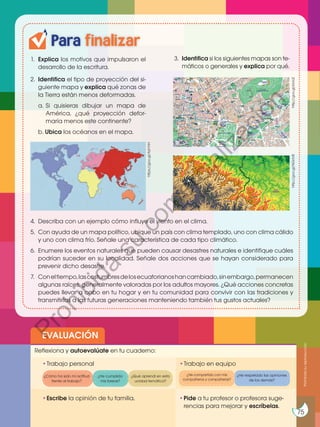 http://goo.gl/XAlx2Q
EVALUACIÓN
•	
Escribe la opinión de tu familia. •	
Pide a tu profesor o profesora suge-
rencias para mejorar y escríbelas.
•	
Trabajo personal
Reflexiona y autoevalúate en tu cuaderno:
•	
Trabajo en equipo
¿Cómo ha sido mi actitud
frente al trabajo?
¿He cumplido
mis tareas?
¿He respetado las opiniones
de los demás?
¿Qué aprendí en esta
unidad temática?
Para finalizar
1. 	Explica los motivos que impulsaron el
desarrollo de la escritura.
2. 	Identifica el tipo de proyección del si-
guiente mapa y explica qué zonas de
la Tierra están menos deformadas.
a.	
Si quisieras dibujar un mapa de
América, ¿qué proyección defor-
maría menos este continente?
b. Ubica los océanos en el mapa.
3. 	Identifica si los siguientes mapas son te-
máticos o generales y explica por qué.
4. 	Describa con un ejemplo cómo influye el viento en el clima.
5. 	Con ayuda de un mapa político, ubique un país con clima templado, uno con clima cálido
y uno con clima frío. Señale una característica de cada tipo climático.
6. 	Enumere los eventos naturales que pueden causar desastres naturales e identifique cuáles
podrían suceder en su localidad. Señale dos acciones que se hayan considerado para
prevenir dicho desastre.
7. 	 Coneltiempo,lascostumbresdelosecuatorianoshancambiado,sinembargo,permanecen
algunas raíces, generalmente valoradas por los adultos mayores. ¿Qué acciones concretas
puedes llevar a cabo en tu hogar y en tu comunidad para convivir con las tradiciones y
transmitirlas a las futuras generaciones manteniendo también tus gustos actuales?
https://goo.gl/AzhYrH
http://goo.gl/kIviUZ
http://goo.gl/NGriV8
¿He compartido con mis
compañeros y compañeras?
Prohibida
su
reproducción
75
P
r
o
h
i
b
i
d
a
s
u
c
o
m
e
r
c
i
a
l
i
z
a
c
i
ó
n
 