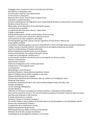 Pedagogía crítica, resistencia cultural y la producción del deseo.
Apocalípticos o integrados, lunes
El nuevo orden imperial y cómo desmontarlo
Constructivismo y Educación
Alquimias de la mente: Transmutaión y tergiversación
Evaluación y cambio Educativo
Anomía e individualismo. Del diagnóstico de la modernidad de Durkheim al pensamiento contemporáneo
Markets as Social Structures
Desde abajo. La transformación de las identidades sociales
Las teorías de la causalidad
La experiencia del movimiento obrero 1. Cómo luchar
Trabajo y subjetividad
Shifting the Boundaries: Gender and the Politics of restructuring
El género: La construcción cultural de la diferencia sexual
Las trayectorias de clase, de género y de trabajo
The ethnographic (g) ambit: womwn and the negotiation of masculinity in Mexico City
O que significa visibilizar
Introduction: Engendering Macro-economic Policy Reform in the Era of Global Restructuring and Adjustment
Trabajo, Familia y condición fmenina: Una revisión de las principales prespectivas de análisis
Toward a Unified Analysis of Gender and Kinship
Women Employment and the Family: Current Debates
Family and Household: The analysis of Domestic Groups
La lógica de la investigación científica Cap. 3
La encuesta por muestreo: Una técnica para la investigación en ciencias sociales
Analisis e interpretación
Selección de la muestra
Diseño de investigación social: Criterios operativos
Introducción a la investigación social
1.0 Introduction
Methodology in social Resoarch
Qualitative Research. Interpretational Qualitative Analysis
Algunos Problemas de los análiss cualitativos y de casos
Esquema de definición de la cusalidad
Características distintivas de los diferentes tipos de validez en la investigación social
Designing social inquiry
Introduction: Analyzing Chande in Latin america-Missed Opportunities and False Trails
Estudios sociológicos
Current Sociology. Bibliography
preludio Medieval
reflections on the Ruisns: Everyday Forms State Formations in Nineteenth-Century México
Force and the search for Consent: The role of the jefaturas políticas of coahuila in National State Formation
Guerrillas and revolution in latin America
El estado absolutista en occidente
Studiying a System in Formation Chapeter 1
The central Problem: How to Explain the Periodic Waves of state Breakdown in the Early Modern World
Bureaucrats and Revolution Chapter 1
La explicación de las revoluciones sociales
Capitalist development & democracy
Rethinking Democracy: México in Historical Perspective
Definición de intención y espacio de atributos
metodología de la investigación cualitativa. La entrevista
 