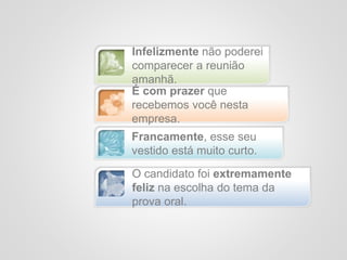 Infelizmente não poderei
comparecer a reunião
amanhã.
É com prazer que
recebemos você nesta
empresa.
Francamente, esse seu
vestido está muito curto.
O candidato foi extremamente
feliz na escolha do tema da
prova oral.
 
