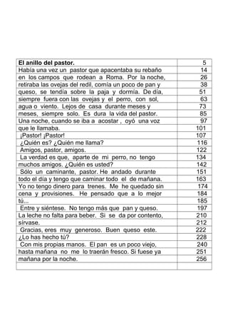 El anillo del pastor. 5
Había una vez un pastor que apacentaba su rebaño 14
en los campos que rodean a Roma. Por la noche, 26
retiraba las ovejas del redil, comía un poco de pan y 38
queso, se tendía sobre la paja y dormía. De día, 51
siempre fuera con las ovejas y el perro, con sol, 63
agua o viento. Lejos de casa durante meses y 73
meses, siempre solo. Es dura la vida del pastor. 85
Una noche, cuando se iba a acostar , oyó una voz 97
que le llamaba. 101
¡Pastor! ¡Pastor! 107
¿Quién es? ¿Quién me llama? 116
Amigos, pastor, amigos. 122
La verdad es que, aparte de mi perro, no tengo 134
muchos amigos. ¿Quién es usted? 142
Sólo un caminante, pastor. He andado durante 151
todo el día y tengo que caminar todo el de mañana. 163
Yo no tengo dinero para trenes. Me he quedado sin 174
cena y provisiones. He pensado que a lo mejor 184
tú... 185
Entre y siéntese. No tengo más que pan y queso. 197
La leche no falta para beber. Si se da por contento, 210
sírvase. 212
Gracias, eres muy generoso. Buen queso este. 222
¿Lo has hecho tú? 228
Con mis propias manos. El pan es un poco viejo, 240
hasta mañana no me lo traerán fresco. Si fuese ya 251
mañana por la noche. 256
 