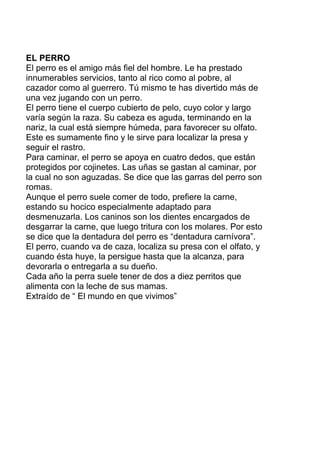 EL PERRO
El perro es el amigo más fiel del hombre. Le ha prestado
innumerables servicios, tanto al rico como al pobre, al
cazador como al guerrero. Tú mismo te has divertido más de
una vez jugando con un perro.
El perro tiene el cuerpo cubierto de pelo, cuyo color y largo
varía según la raza. Su cabeza es aguda, terminando en la
nariz, la cual está siempre húmeda, para favorecer su olfato.
Este es sumamente fino y le sirve para localizar la presa y
seguir el rastro.
Para caminar, el perro se apoya en cuatro dedos, que están
protegidos por cojinetes. Las uñas se gastan al caminar, por
la cual no son aguzadas. Se dice que las garras del perro son
romas.
Aunque el perro suele comer de todo, prefiere la carne,
estando su hocico especialmente adaptado para
desmenuzarla. Los caninos son los dientes encargados de
desgarrar la carne, que luego tritura con los molares. Por esto
se dice que la dentadura del perro es “dentadura carnívora”.
El perro, cuando va de caza, localiza su presa con el olfato, y
cuando ésta huye, la persigue hasta que la alcanza, para
devorarla o entregarla a su dueño.
Cada año la perra suele tener de dos a diez perritos que
alimenta con la leche de sus mamas.
Extraído de “ El mundo en que vivimos”
 