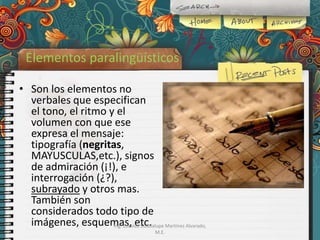 Elementos paralingüísticos
• Son los elementos no
verbales que especifican
el tono, el ritmo y el
volumen con que ese
expresa el mensaje:
tipografía (negritas,
MAYUSCULAS,etc.), signos
de admiración (¡!), e
interrogación (¿?),
subrayado y otros mas.
También son
considerados todo tipo de
imágenes, esquemas, etc. Martínez Alvarado,
Ing. Zoraida Guadalupe
M.E.

 