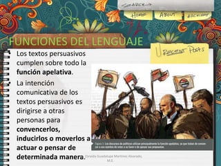 FUNCIONES DEL LENGUAJE
• Los textos persuasivos
cumplen sobre todo la
función apelativa.
• La intención
comunicativa de los
textos persuasivos es
dirigirse a otras
personas para
convencerlos,
inducirlos o moverlos a
actuar o pensar de
Ing.
determinada manera.Zoraida Guadalupe Martínez Alvarado,
M.E.

 