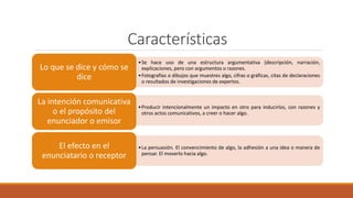 Características
•Se hace uso de una estructura argumentativa (descripción, narración,
explicaciones, pero con argumentos o razones.
•Fotografías o dibujos que muestres algo, cifras o gráficas, citas de declaraciones
o resultados de investigaciones de expertos.
Lo que se dice y cómo se
dice
•Producir intencionalmente un impacto en otro para inducirlos, con razones y
otros actos comunicativos, a creer o hacer algo.
La intención comunicativa
o el propósito del
enunciador o emisor
•La persuasión. El convencimiento de algo, la adhesión a una idea o manera de
pensar. El moverlo hacia algo.
El efecto en el
enunciatario o receptor
 