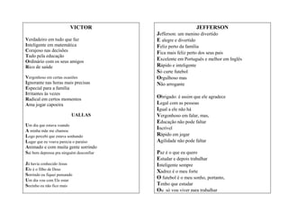 VICTOR
Verdadeiro em tudo que faz
Inteligente em matemática
Corajoso nas decisões
Tudo pela educação
Ordinário com os seus amigos
Rico de saúde
Vergonhoso em certas ocasiões
Ignorante nas horas mais precisas
Especial para a família
Irritantes às vezes
Radical em certos momentos
Ama jogar capoeira
UALLAS
Um dia que estava voando
A minha mãe me chamou
Logo percebi que estava sonhando
Lugar que eu voava parecia o paraíso
Animado e com muita gente sorrindo
Saí bem depressa pra ninguém desconfiar
Já havia conhecido Jesus
Ele é o filho de Deus
Sorrindo eu fiquei pensando
Um dia vou com Ele estar
Sozinho eu não fico mais

JEFFERSON
Jefferson: um menino divertido
E alegre e divertido
Feliz perto da família
Fica mais feliz perto dos seus pais
Excelente em Português e melhor em Inglês
Rápido e inteligente
Só curte futebol
Orgulhoso mas
Não arrogante
Obrigado: é assim que ele agradece
Legal com as pessoas
Igual a ele não há
Vergonhoso em falar, mas,
Educação não pode faltar
Incrível
Rápido em jogar
Agilidade não pode faltar
Paz é o que eu quero
Estudar e depois trabalhar
Inteligente sempre
Xadrez é o meu forte
O futebol é o meu sonho, portanto,
Tenho que estudar
Ou só vou viver para trabalhar

 