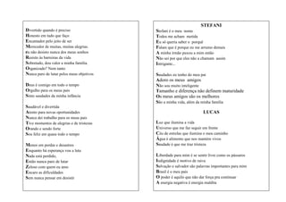 STEFANI
Divertido quando é preciso
Honesto em tudo que faço
Encantador pelo jeito de ser
Merecedor de muitas, muitas alegrias.
eu não desisto nunca dos meus sonhos
Resisto às barreiras da vida
Sobretudo, dou valor a minha família.
Organizado? Nem tanto
Nunca paro de lutar pelos meus objetivos
Deus é comigo em todo o tempo
Orgulho para os meus pais
Sinto saudades da minha infância
Saudável e divertida
Atento para novas oportunidades
Nunca dei trabalho para os meus pais
Tive momentos de alegrias e de tristezas
Orando e sendo forte
Sou feliz em quase todo o tempo
Menos em perdas e desastres
Enquanto há esperança vou a luta
Nada está perdido,
Então nunca paro de lutar
Zeloso com quem eu amo
Encaro as dificuldades
Sem nunca pensar em desistir

Stefani é o meu nome
Todos me acham metida
Eu só queria saber o porquê
Falam que é porque eu me arrumo demais
A minha irmão puxou a mim então
Não sei por que eles não a chamam assim
Intrigante...
Saudades eu tenho do meu pai
Adoro os meus amigos
Não sou muito inteligente
Tamanho e diferença não definem maturidade
Os meus amigos são os melhores
São a minha vida, além da minha família
LUCAS
Luz que ilumina a vida
Universo que me faz seguir em frente
Céu de estrelas que ilumina o meu caminho
Água é alimento que nos mantém vivos
Saudade é que me traz tristeza
Liberdade para mim é se sentir livre como os pássaros
Indignidade é motivo de raiva
Salvação e salvador são palavras importantes para mim
Brasil é o meu país
O poder é aquilo que não dar força pra continuar
A energia negativa é energia maldita

 