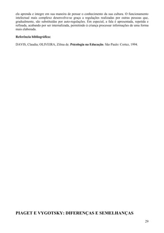 ela aprenda e integre em sua maneira de pensar o conhecimento da sua cultura. O funcionamento
intelectual mais complexo desenvolve-se graça a regulações realizadas por outras pessoas que,
gradualmente, são substituídas por auto-regulações. Em especial, a fala é apresentada, repetida e
refinada, acabando por ser internalizada, permitindo à criança processar informações de uma forma
mais elaborada.

Referência bibliográfica:

DAVIS, Claudia; OLIVEIRA, Zilma de. Psicologia na Educação. São Paulo: Cortez, 1994.




PIAGET E VYGOTSKY: DIFERENÇAS E SEMELHANÇAS
                                                                                              29
 
