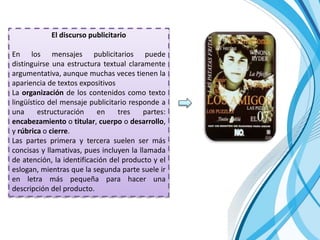 El discurso publicitario
En los mensajes publicitarios puede
distinguirse una estructura textual claramente
argumentativa, aunque muchas veces tienen la
apariencia de textos expositivos
La organización de los contenidos como texto
lingüístico del mensaje publicitario responde a
una estructuración en tres partes:
encabezamiento o titular, cuerpo o desarrollo,
y rúbrica o cierre.
Las partes primera y tercera suelen ser más
concisas y llamativas, pues incluyen la llamada
de atención, la identificación del producto y el
eslogan, mientras que la segunda parte suele ir
en letra más pequeña para hacer una
descripción del producto.
 