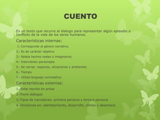 CUENTO
Es un texto que recurre al dialogo para representar algún episodio o
conflicto de la vida de los seres humanos.
Características internas:
1.-Corresponde al género narrativo.
2.- Es de carácter objetivo
3.- Relata hechos reales o imaginarios
4.- Intervienen personajes
5.- Se narran espacios, situaciones y ambientes
6.- Tiempo
7.- Utiliza lenguaje connotativo
Características externas:
1.-Estar escrito en prosa
2.-Tiene diálogos
3.-Tipos de narradores: primera persona y tercera persona
4.-Divisiones en: planteamiento, desarrollo, clímax y desenlace.
 