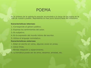 POEMA
Es la síntesis de la sabiduría popular acumulada a lo largo de los siglos en la
vida de nuestro pueblo. Representa la mas pura idiosincrasia del mexicano.
Características internas:
1.-Corresponde al género poético.
2.-Expresa los sentimientos del autor.
3.-Es subjetivo.
4.-Es la expresión del mundo íntimo del escritor.
5.-Utiliza el lenguaje connotativo.
Características externas:
1.-Estar en escrito en verso, algunas veces en prosa.
2.-Lleva rimas.
3.-Brinda relajación y esparcimiento.
4.-La temática puede ser de amor, desamor, amistad, etc.
 
