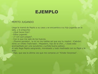 EJEMPLO
PEPITO JUGANDO
Llega la mamá de Pepito a su casa y se encuentra a su hijo jugando en la
sala, y le pregunta:
- ¿Qué haces hijo?.
- Estoy jugando.
- ¿Y con qué juegas?.
- Con lo que me sale de los huevos.
- ¡Óyeme pendejo!, ¡a mí no me hablas así que soy tu madre!. ¡Cabrón!.
¡Eres un niñato malcriado!. ¡Majadero, hijo de la chin...! (todo esto
acompañado por una suculenta y surtida buena paliza).
Al rato llega Pepito sangrando, moreteado y todo madreado con su Papá y le
dice:
- Papi, que sea la última vez que me compras un "Kínder Sorpresa".
 