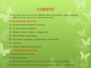 CUENTO
“Es un texto que recurre al dialogo para representar algún episodio
o conflicto de la vida de los seres humanos”.
Características internas:
1.-Corresponde al género narrativo.
2.- Es de carácter objetivo
3.- Relata hechos reales o imaginarios
4.- Intervienen personajes
5.- Se narran espacios, situaciones y ambientes
6.- Tiempo
7.- Utiliza lenguaje connotativo
Características externas:
1.-Estar escrito en prosa
2.-Tiene diálogos
3.-Tipos de narradores: primera persona y tercera persona
4.-Divisiones en: planteamiento, desarrollo, clímax y desenlace.
 