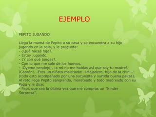 EJEMPLO
PEPITO JUGANDO
Llega la mamá de Pepito a su casa y se encuentra a su hijo
jugando en la sala, y le pregunta:
- ¿Qué haces hijo?.
- Estoy jugando.
- ¿Y con qué juegas?.
- Con lo que me sale de los huevos.
- ¡Óyeme pendejo!, ¡a mí no me hablas así que soy tu madre!.
¡Cabrón!. ¡Eres un niñato malcriado!. ¡Majadero, hijo de la chin...!
(todo esto acompañado por una suculenta y surtida buena paliza).
Al rato llega Pepito sangrando, moreteado y todo madreado con su
Papá y le dice:
- Papi, que sea la última vez que me compras un "Kínder
Sorpresa".
 