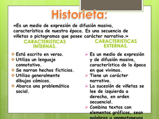 «Es un medio de expresión de difusión masiva,
característica de nuestra época. Es una secuencia de
viñetas o pictogramas que posee carácter narrativo.»
CARACTERISTICAS
INTERNAS.
CARACTERISTICAS
EXTERNAS.
 Está escrito en verso.
 Utiliza un lenguaje
connotativo.
 Se narran hechos ficticios.
 Utiliza generalmente
dibujos cómicos.
 Abarca una problemática
social.
 Es un medio de expresión
y de difusión masiva,
característica de la época
en que vivimos.
 Tiene un carácter
narrativo.
 La sucesión de viñetas se
lee de izquierda a
derecha, en orden
secuencial.
 Combina textos con
elementos gráficos, sean
 