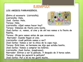 LOS AMIGOS PARRANDEROS.
(Entra al escenario Lizirisisilla).
Lizirisisilla: Hola.
José Carlos: Hola.
Teresa: Hola.
Lizirisisilla: ¿Qué vamos hacer hoy?
Teresa: Vámonos de fiesta esta noche.
José Carlos: si, vamos, al cine y de ahí nos vamos a la fiesta de
Pánfila.
Teresa: Ok pero vamos antes de que oscurezca.
Narrador: Cuando llegan al cine.
Lizirisisilla: ¿cuál película vamos a ver?
José Carlos: Vamos a ver la chica de la capa roja.
Teresa: Está bien, mi hermano me dijo que estaba bonita.
José Carlos: Vamos a comprar los boletos.
Lizirisisilla: José Carlos, (espéranos).
Narrador: Entran a ver la película. Y después de 3 horas salen.
Teresa: ¿Como les pareció la película?
José Carlos: Puf a mí no me gustó mucho…
 