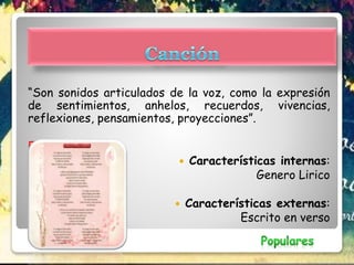 “Son sonidos articulados de la voz, como la expresión
de sentimientos, anhelos, recuerdos, vivencias,
reflexiones, pensamientos, proyecciones”.
EJEMPLO:
 Características internas:
Genero Lirico
 Características externas:
Escrito en verso
 