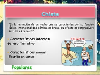 “Es la narración de un hecho que se caracteriza por su función
lúdica, intencionalidad cómica, es breve, su efecto es sorpresivo y
su final es previsto”.
 Características internas: EJEMPLO:
Genero Narrativo
 Características externas:
Escrito en verso
 