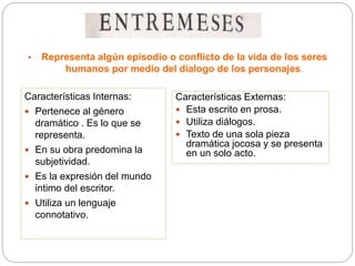 • Representa algún episodio o conflicto de la vida de los seres
humanos por medio del dialogo de los personajes.
Características Internas:
 Pertenece al género
dramático . Es lo que se
representa.
 En su obra predomina la
subjetividad.
 Es la expresión del mundo
intimo del escritor.
 Utiliza un lenguaje
connotativo.
Características Externas:
 Esta escrito en prosa.
 Utiliza diálogos.
 Texto de una sola pieza
dramática jocosa y se presenta
en un solo acto.
 