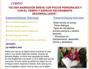CUENTO
“ES UNA NARRACIÓN BREVE CON POCOS PERSONAJES Y
CON EL TIEMPO Y ESPACIO ESCASAMENTE
DESARROLLADOS”.
Características internas
 Corresponde al género narrativo.
 Es de carácter objetivo.
 Relata hechos realeso imaginarios.
 Intervienen personajes.
 Se narran espacios, situaciones y ambientes.
ejemplo:
La media Luna
Características externas
•Estar escrito en prosa.
• Tiene diálogos.
Tipos de narradores:
primera persona y tercera
persona.
• Divisiones en:
planteamiento, desarrollo,
clímax y desenlace.
Había una vez en un lejano reino una joven la cual
solía ir a su jardín todas las noches, la joven se
llamaba Ángela, la chica más apoyada por todos.
Un día Ángela fue a su jardín y vio lo bello que era ser
una joven, la luna nueva se podía ver mejor, no con
amargura como mujeres lo hacían. Ella veía que la
luna le hablaba y decía:-Vive la vida y no la dejes-.
 